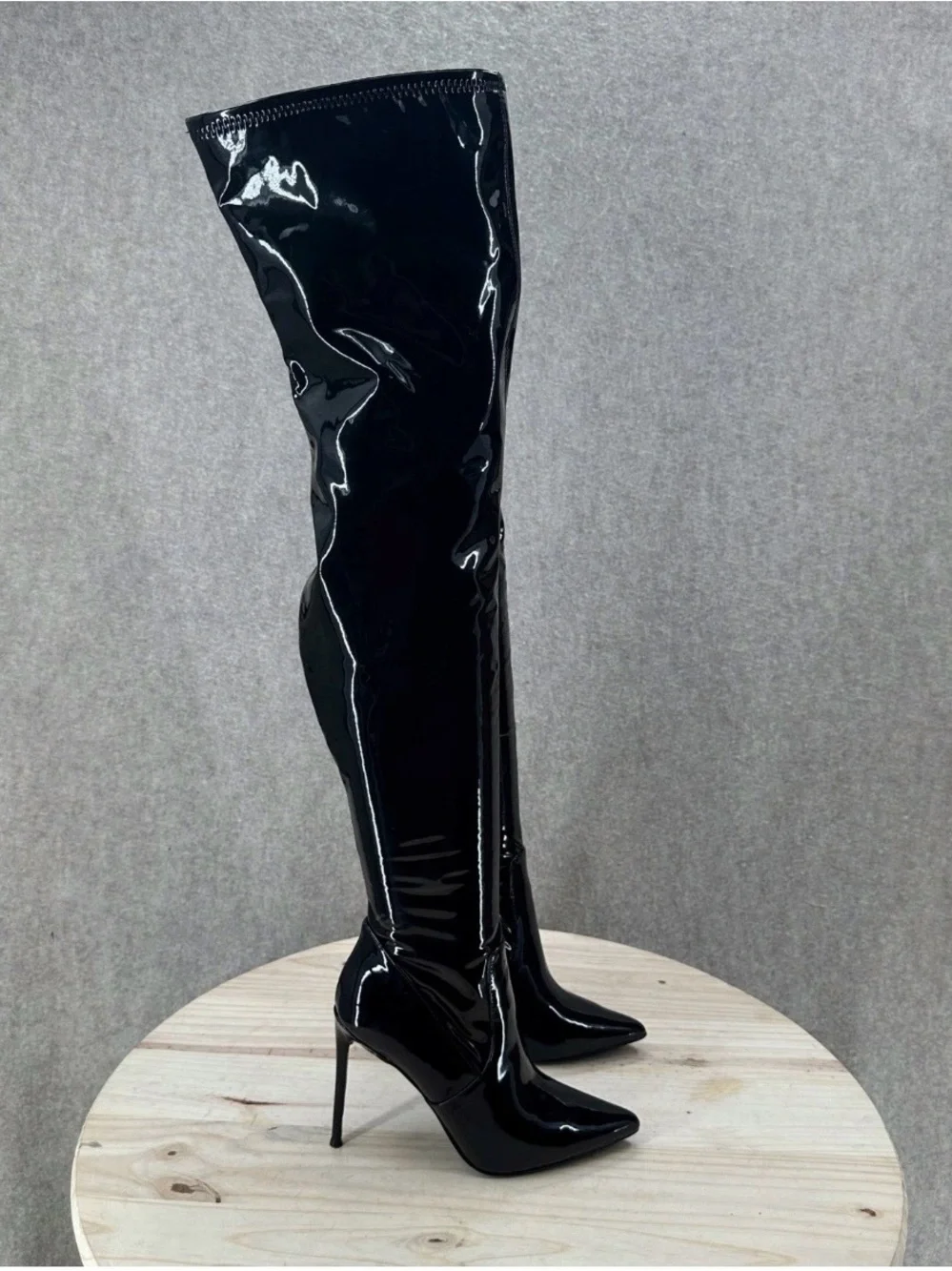 Steve Madden Viktory Patent Faux Leather Thigh High Stiletto Boots Toe Over Knee